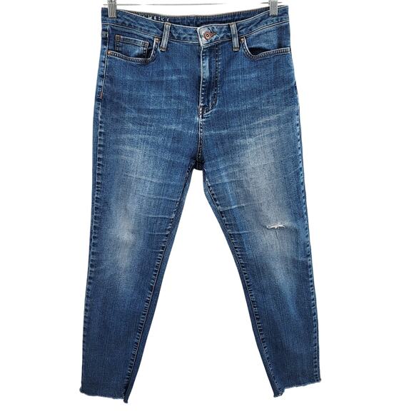 M&S Indigo Blue Jeans Medium Wash Skinny Ankle Mid-Rise Raw Hem Women's 42 (EU) - Picture 1 of 9